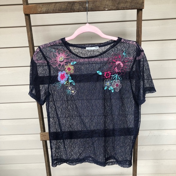 NWOT Sheer Floral Mesh Lace Zara Blouse with Floral Embroidery - Picture 2 of 10